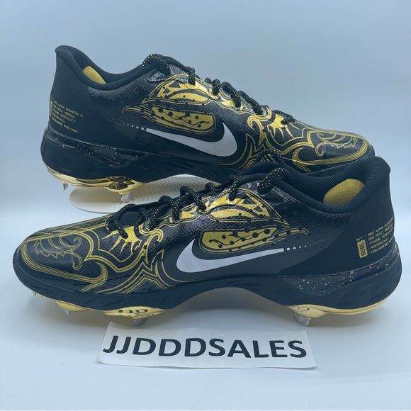 Nike Alpha Huarache Elite 3 Low Premium Black Gold Baseball Cleats CV3553-001 - Picture 2 of 11